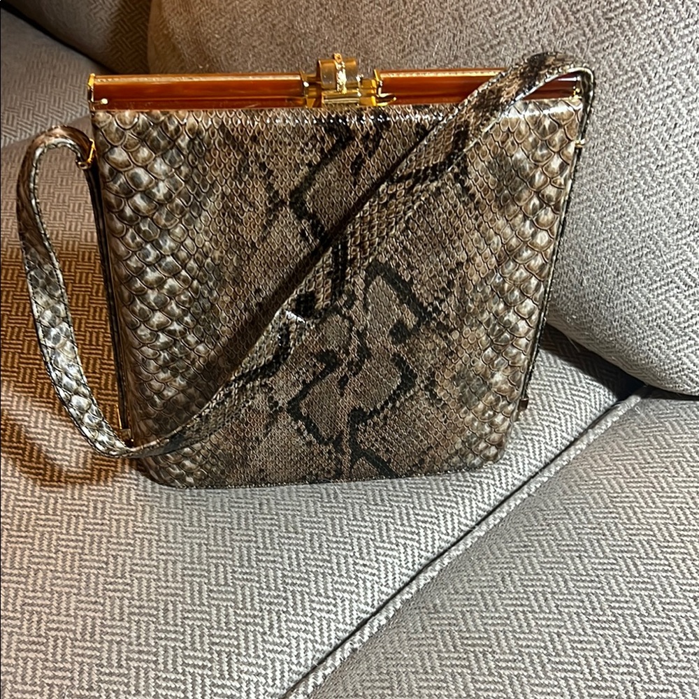 Brown And Black Python Print Shoulder Bag With Ch… - image 1